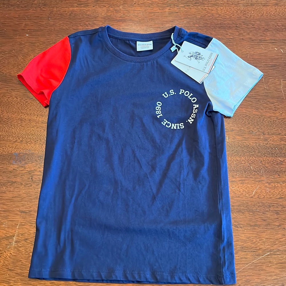 U.S. Polo Assn. Boys T-Shirt, Size 8-9, Blue w/ Red & White Accent - NEW